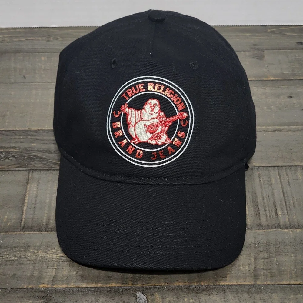 True Religion Brand Jeans Buddha Foil Hat Adult Black Adjustable Buckle Snap Cap